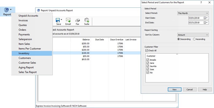 Express Invoice 报告功能截图